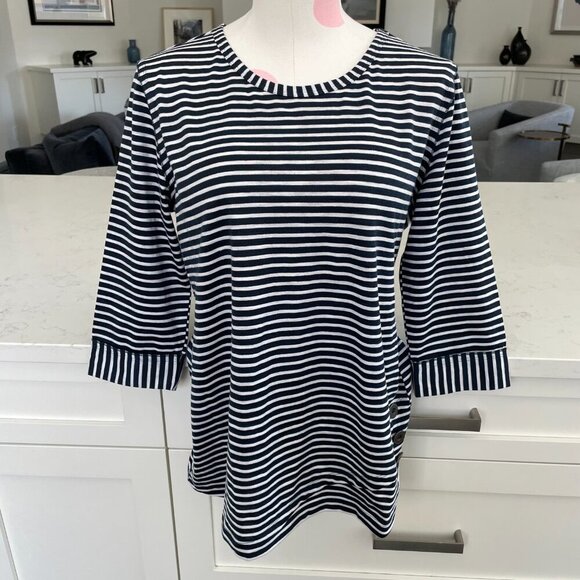 Neon Buddha Oversize Stripe 2/3 Slv Scoop Nk Top w Button Detail Navy Wht Sz S - Picture 3 of 14